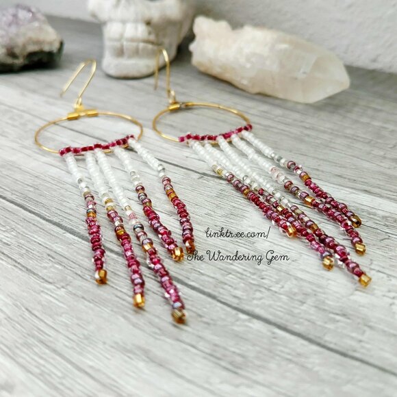Boho Chic Seed Bead Fringe Cascade Tassel Hoop Dangle Earrings, Statement 4.5" - Picture 8 of 9